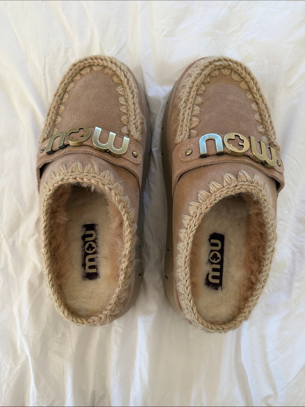 Mou womens Suede Shearling Slip-On platform with Gold Logo NWOT - Picture 3 of 8